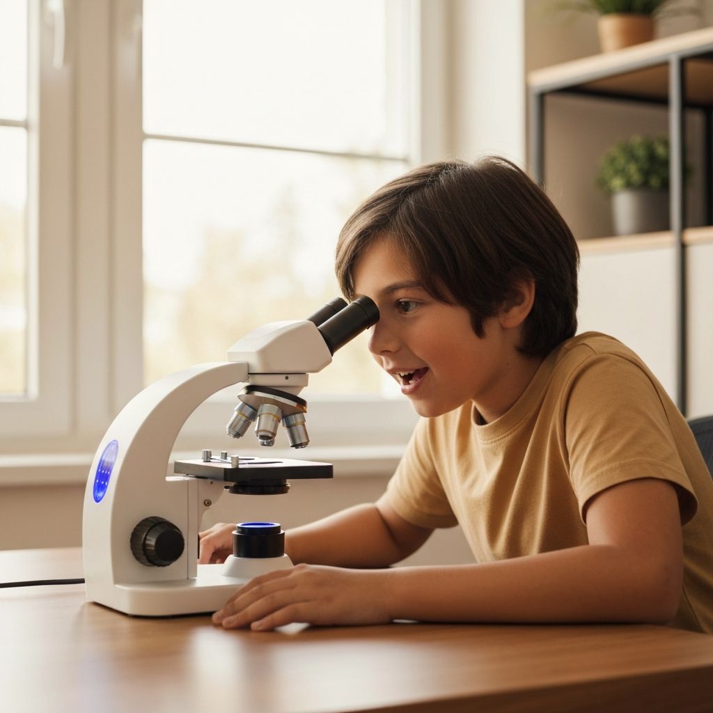 A child exploring through a Whyzmo smart microscope with curiosity and wonder